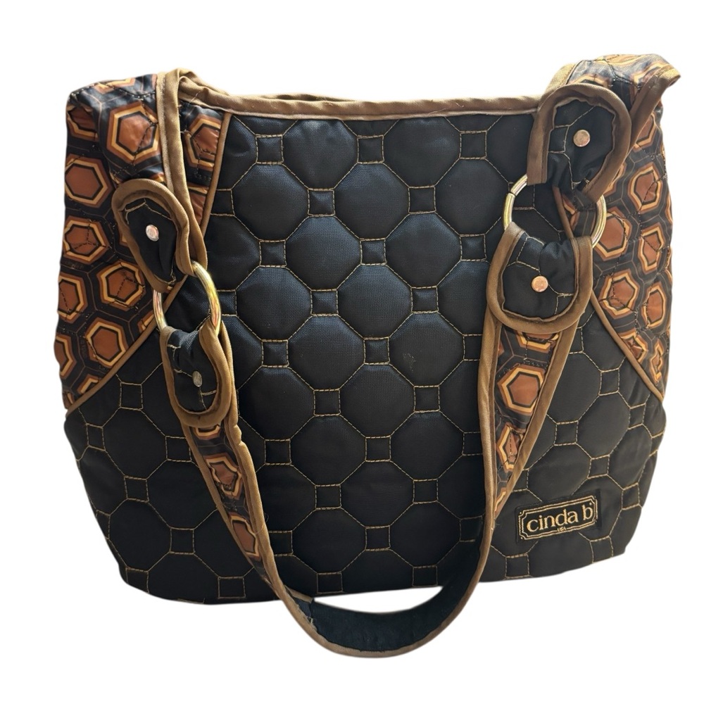 Cinda B Shoulder Bag Black Brown Tortoise Quilted Nylon Boho Mod Collection